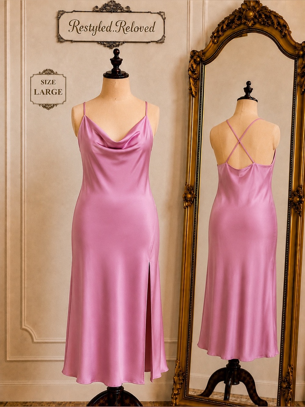 Lucy Paris Maya Slip Dress – Pink – Satin Midi Dress